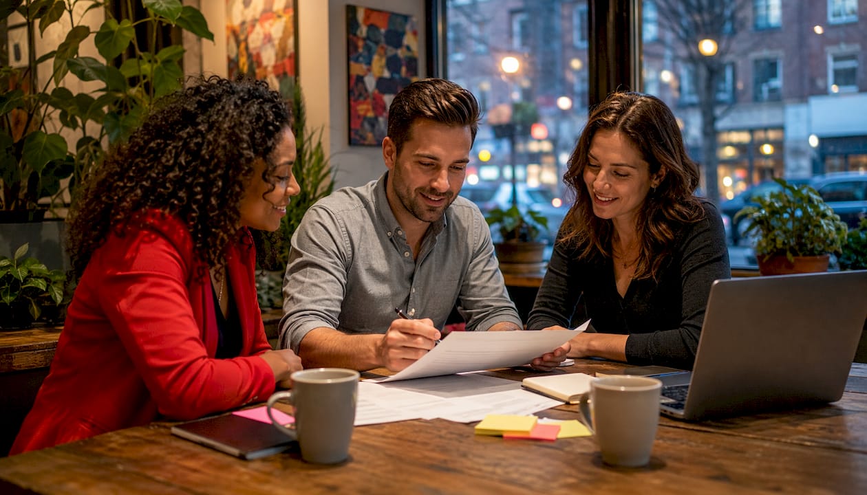 Real estate agents collaborating in office