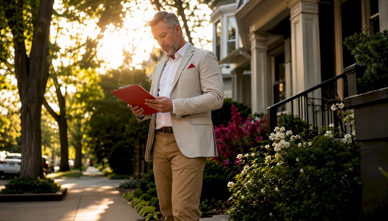 Real estate salesperson outside suburban home