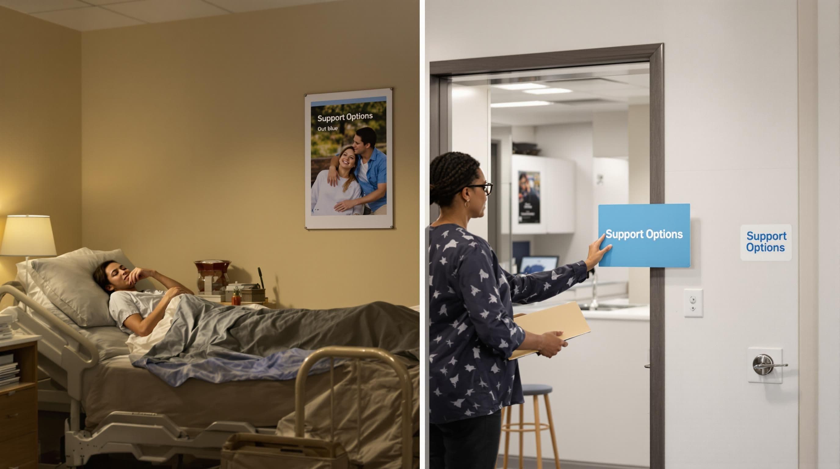 Split image of inpatient room and outpatient clinic showing 'Support Options'