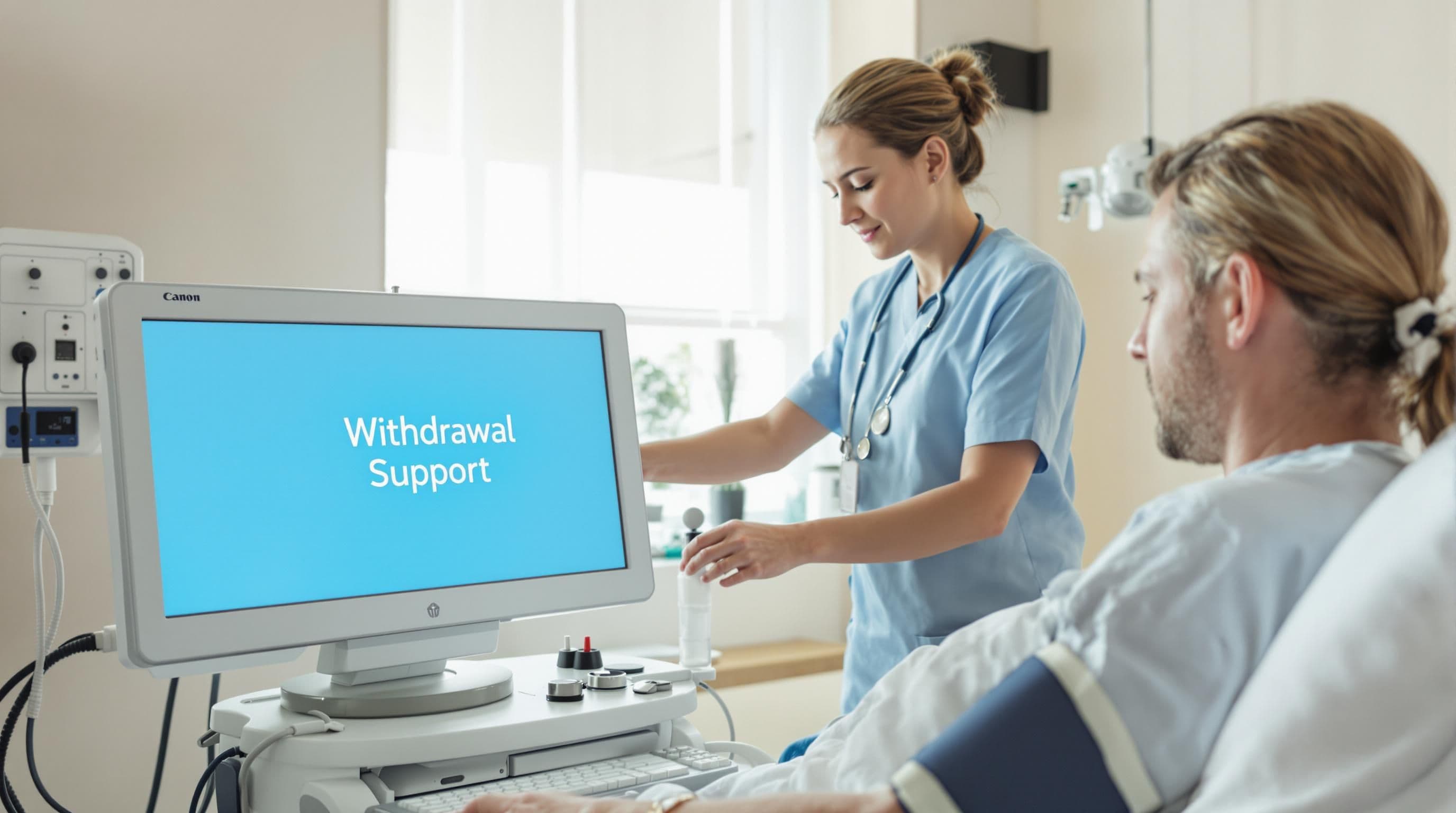 Nurse monitors patient’s vitals with 'Withdrawal Support' on screen