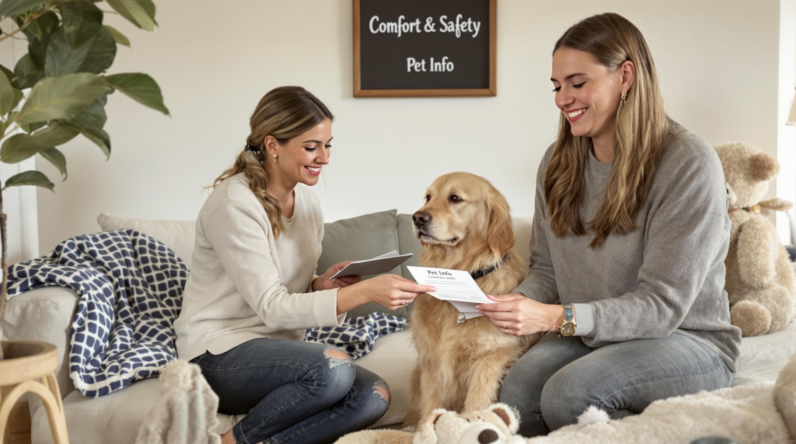 Pet sitter meeting dog in family living room with comfort and safety sign