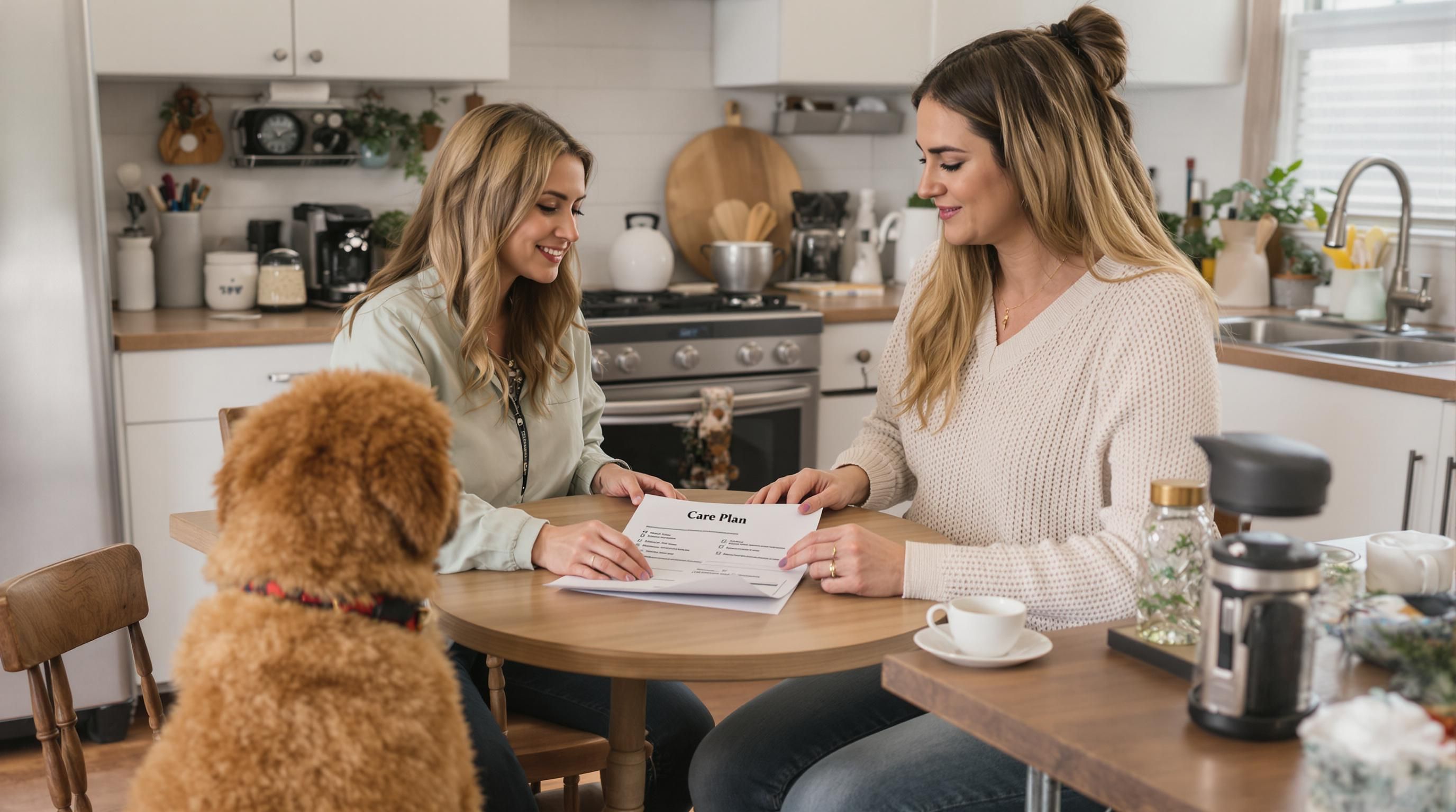 Pet sitter and owner reviewing care plan, dog resting nearby