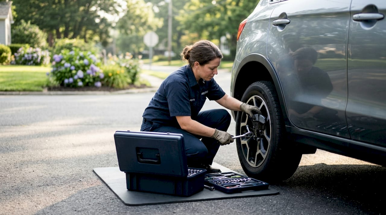Mechanic replacing brake pads in office parking lot