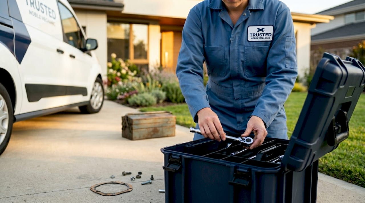 Mobile mechanic setting up toolbox in driveway