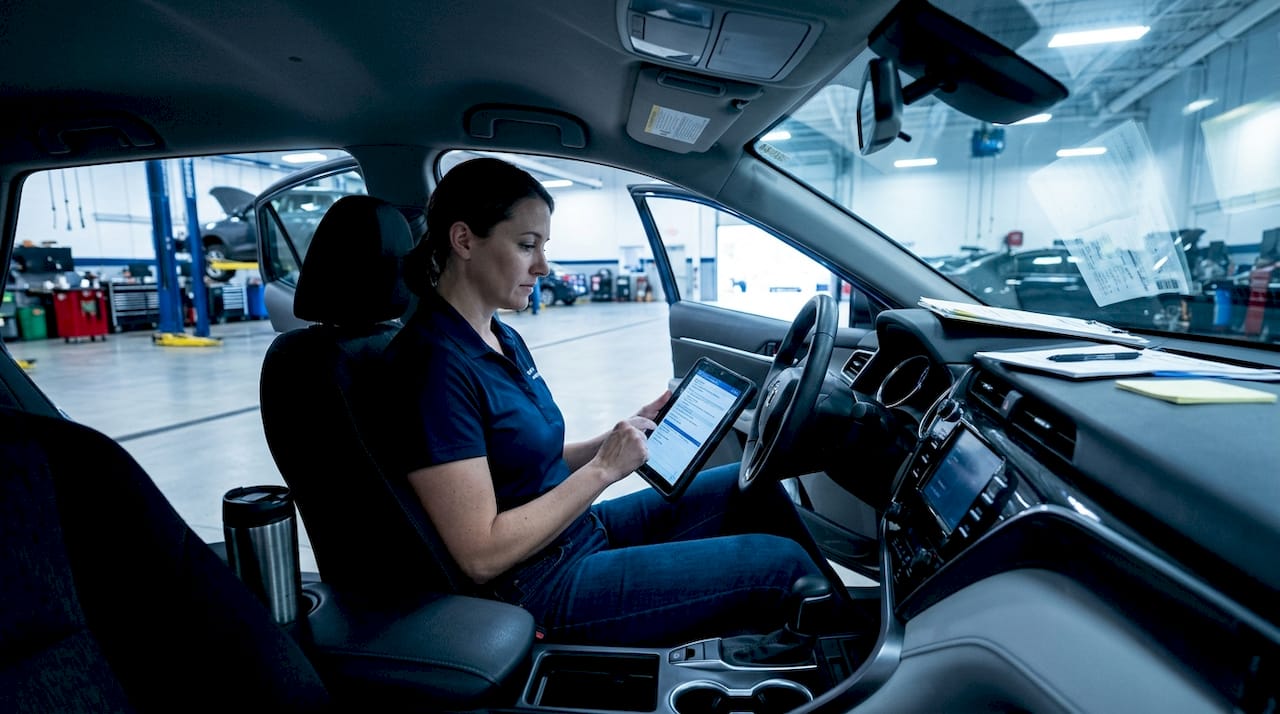 Mechanic using tablet for vehicle diagnostics