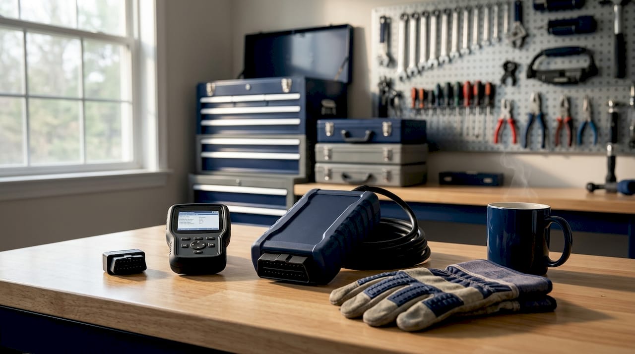 Comparison of car diagnostic scan tools on workbench