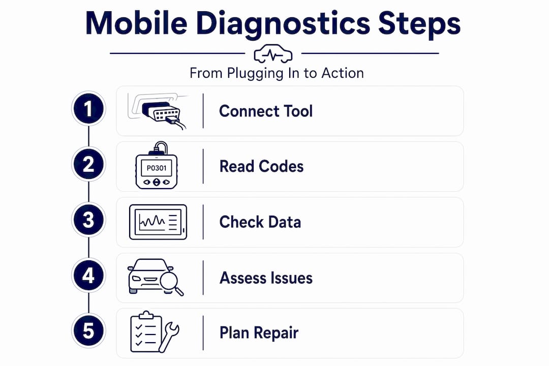Infographic showing steps for using mobile car diagnostic tools