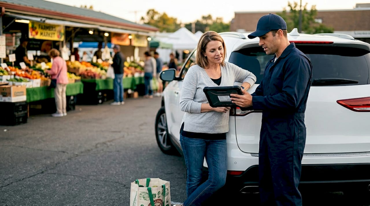 Driver discussing repair with mobile mechanic