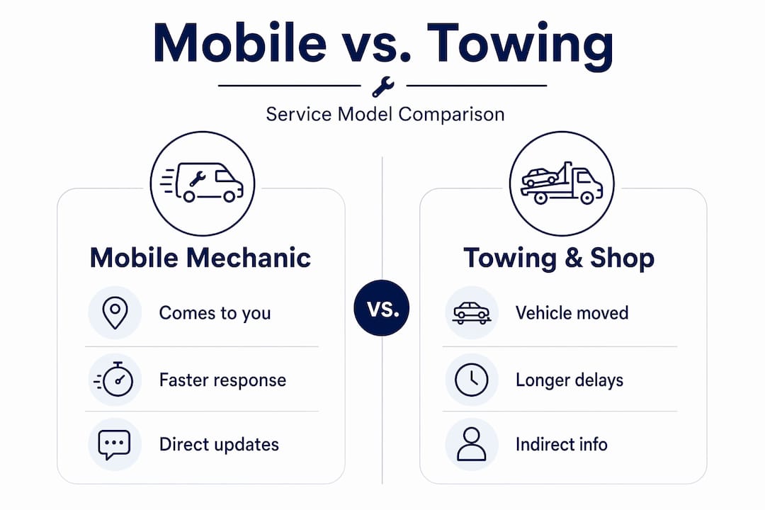 Infographic comparing mobile mechanic to towing shop repair