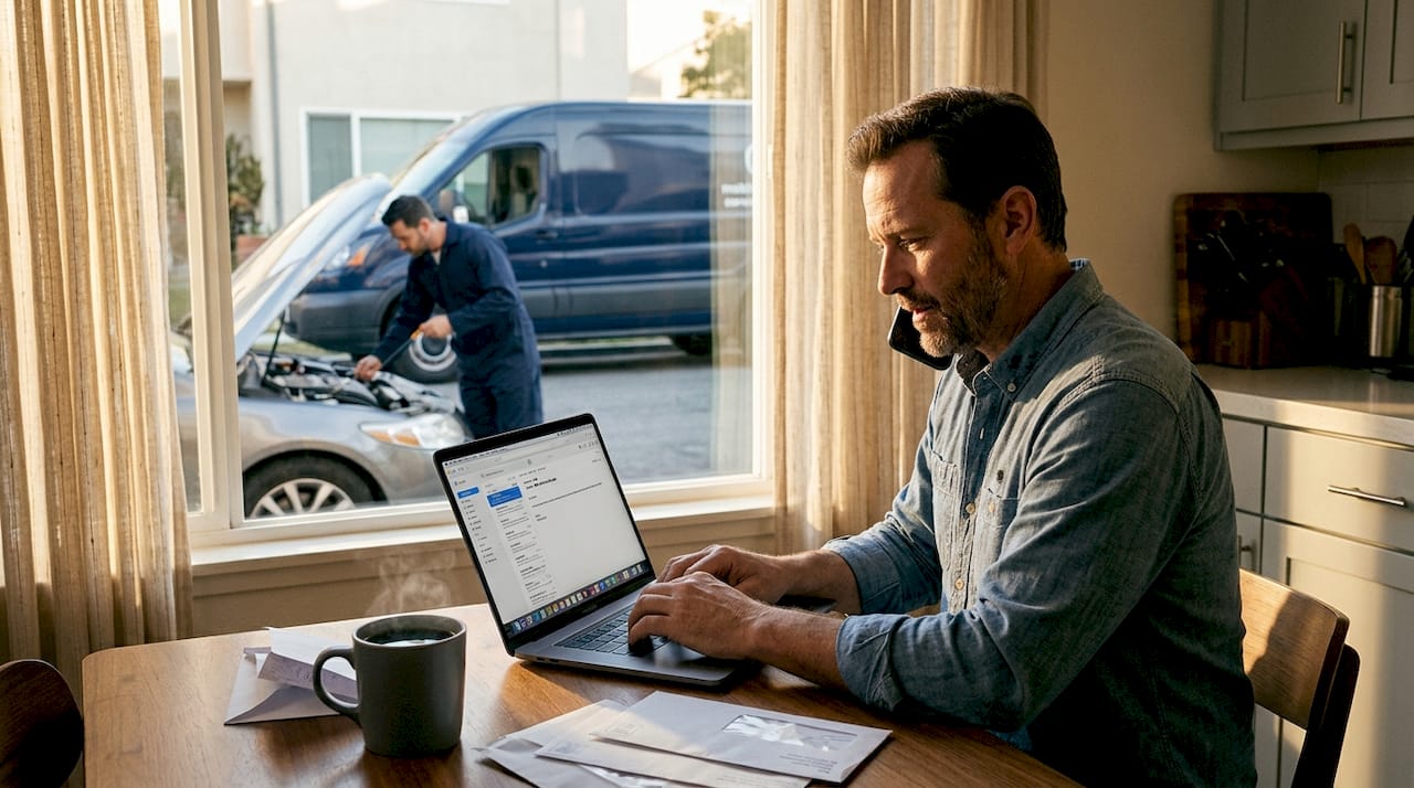 Busy driver multitasks during car service