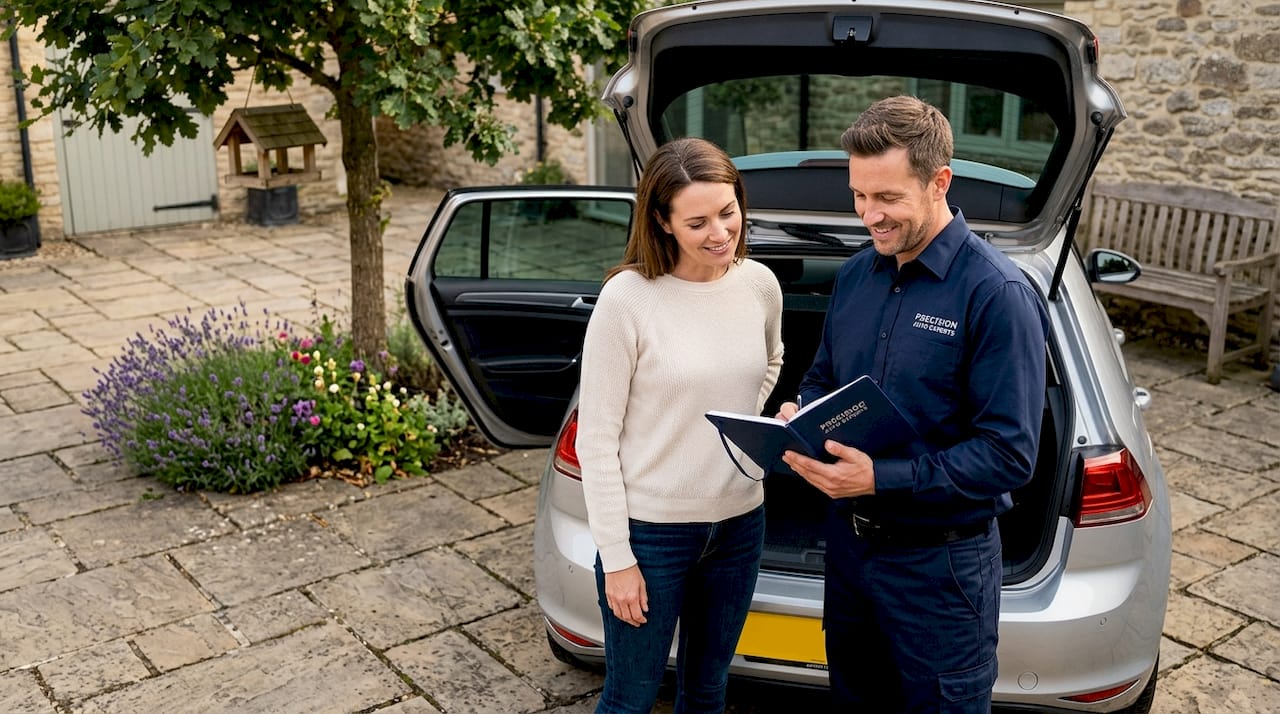 Mechanic discussing car service with local customer
