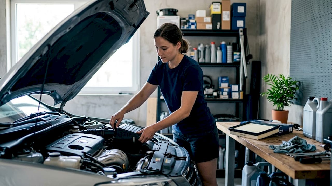 Woman changing air filter in car driveway