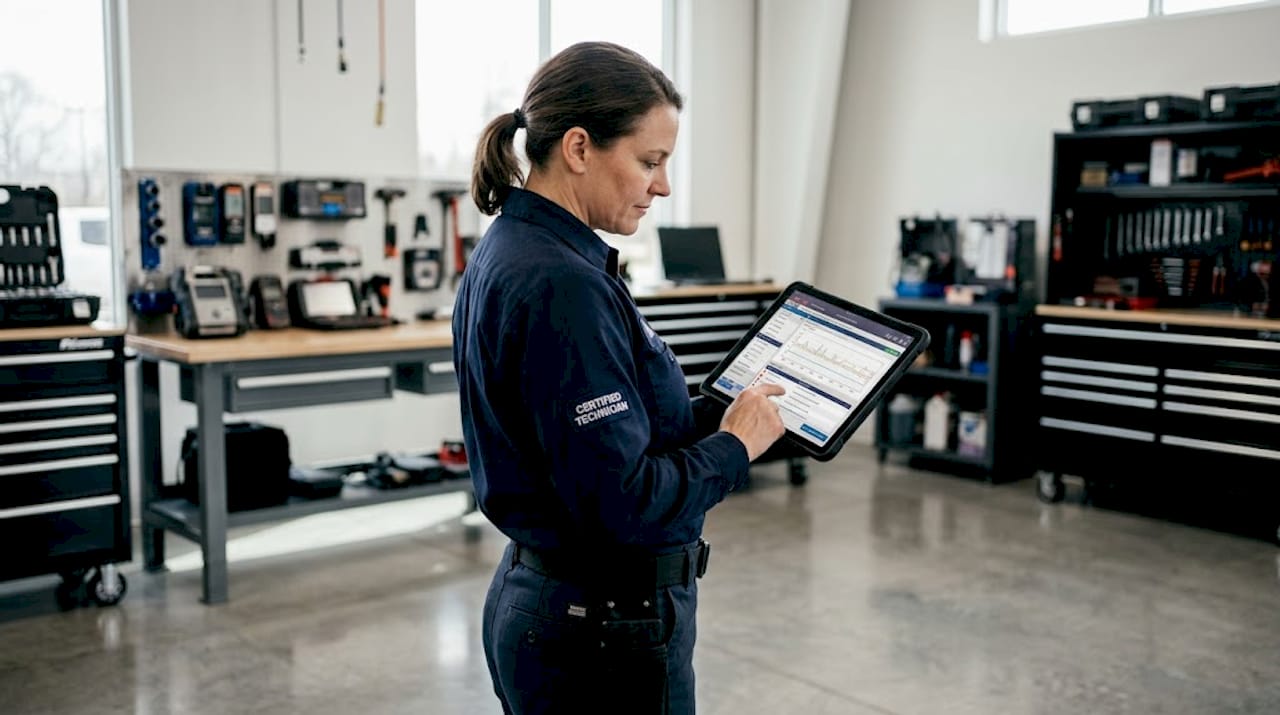 Certified technician uses tablet for diagnostics