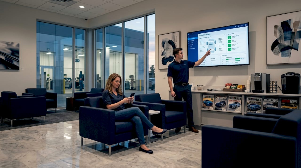 Customer viewing inspection results in dealership lounge