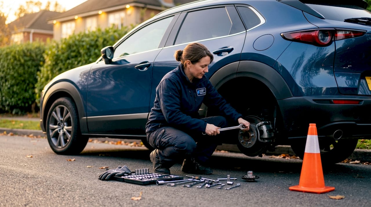 Mechanic repairs car brakes in parking lot