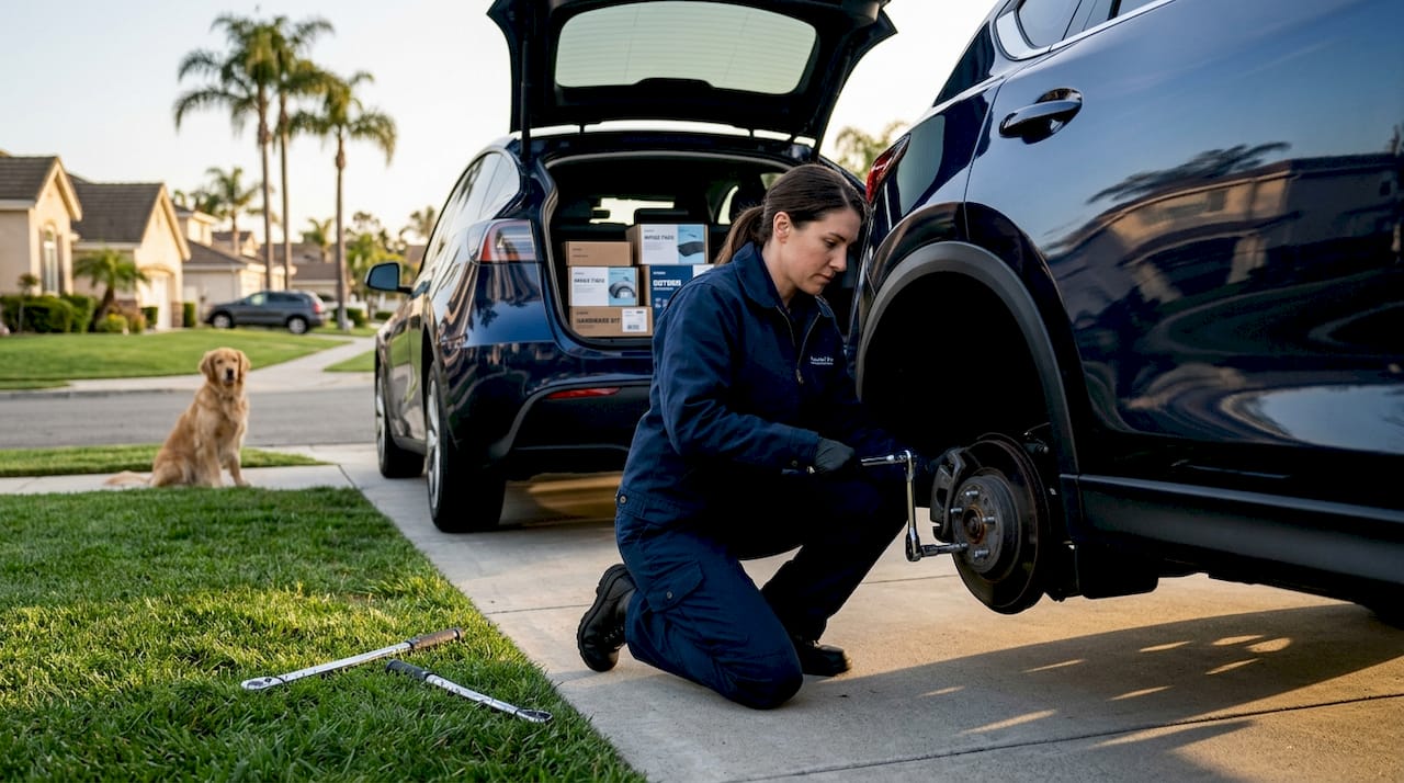 Mechanic changing brake pads in driveway