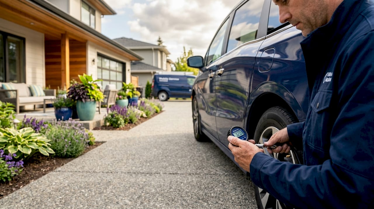Mechanic checking tire pressure at home driveway