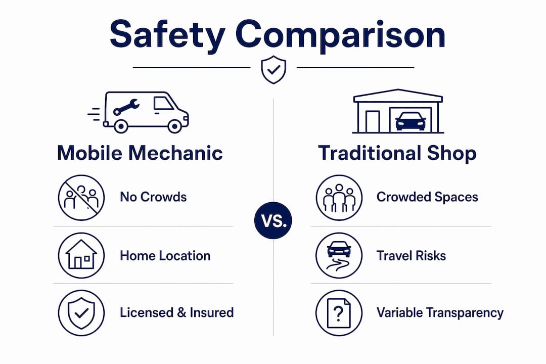 Infographic comparing mobile mechanic and traditional shop safety