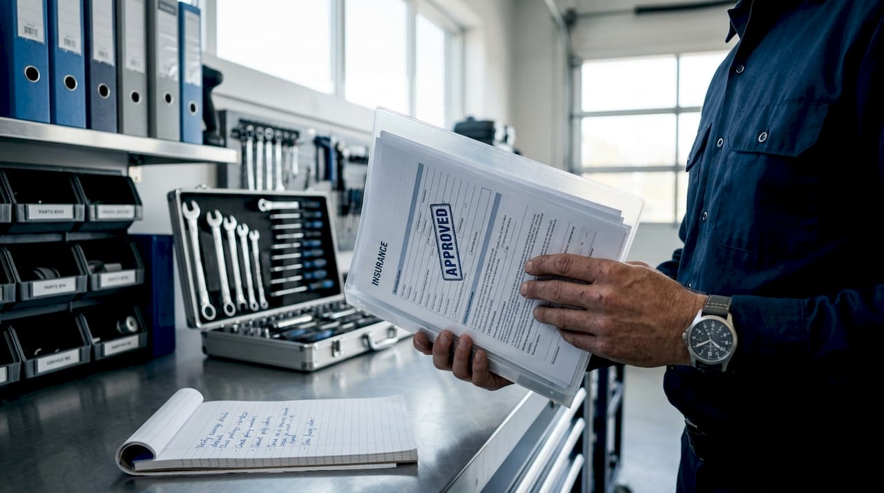 Mobile mechanic reviewing insurance documents inside van