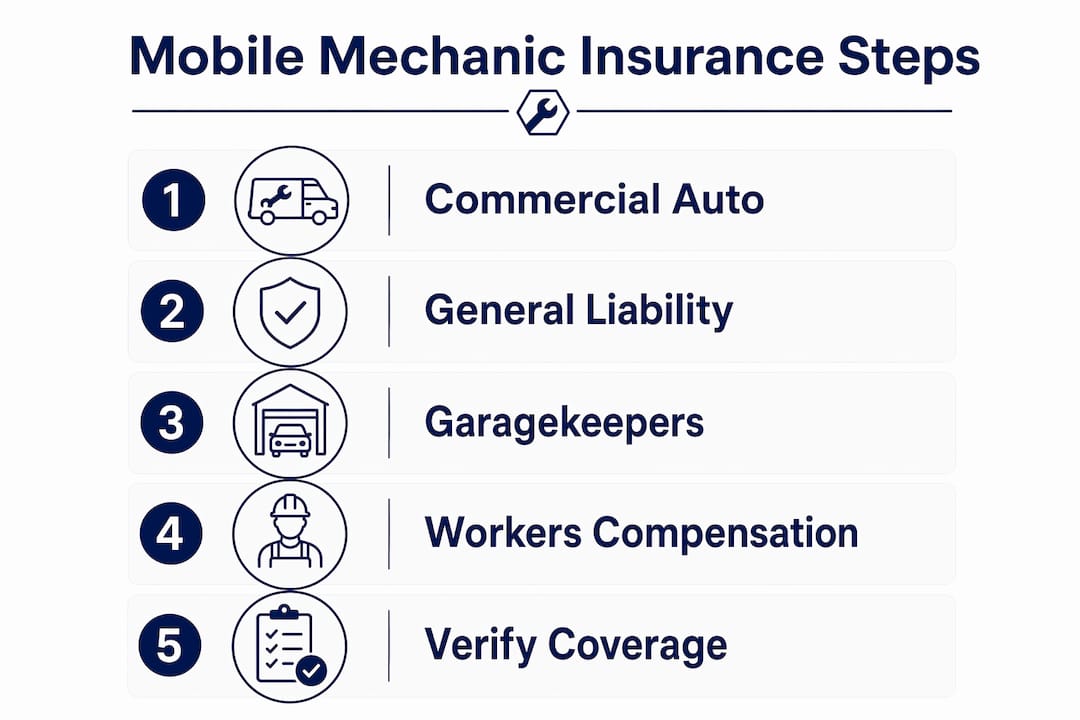 Infographic showing key insurance coverage steps for mobile mechanics in LA