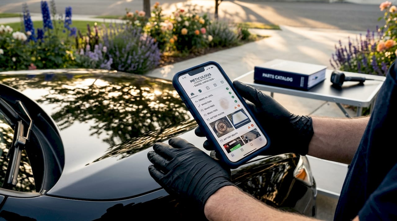 Mechanic using smartphone for car inspection