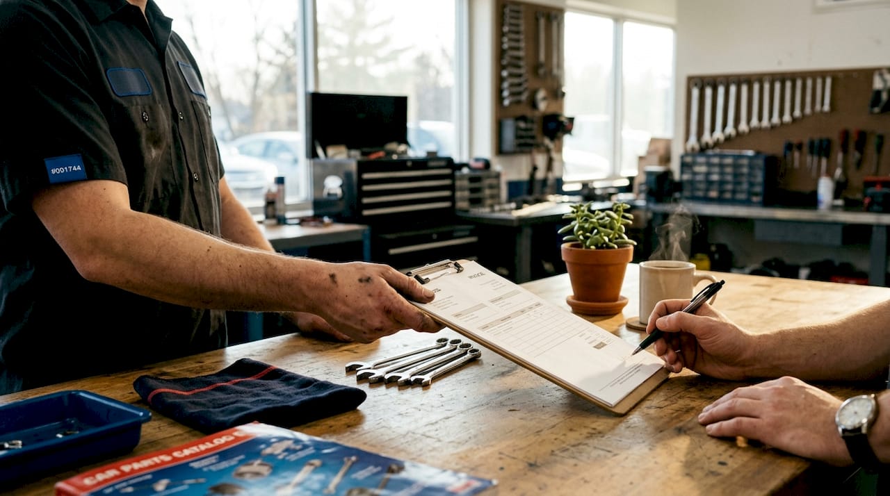 Hands exchanging mechanic labor invoice