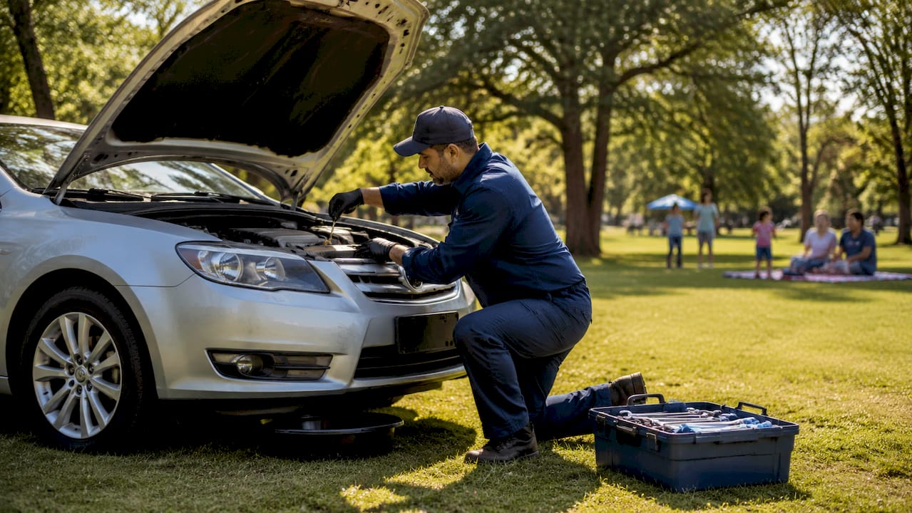 Mobile mechanic servicing car in driveway