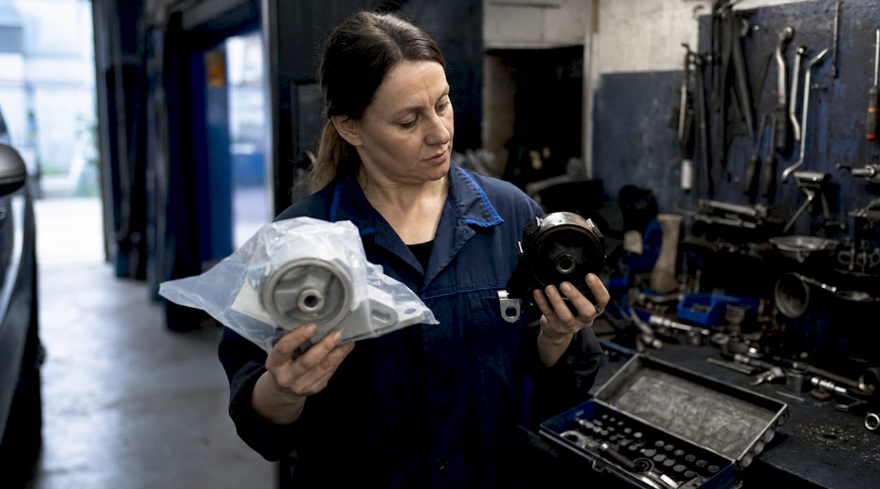 Mechanic comparing OEM and aftermarket car parts