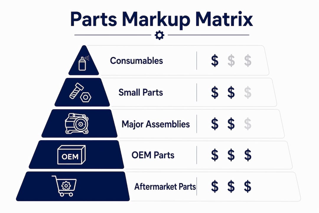 Infographic illustrating auto repair parts markup tiers