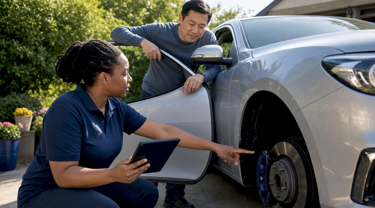 Technician explaining vehicle inspection to customer