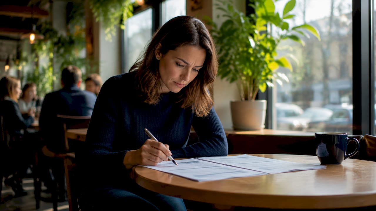 Woman reviewing itemized auto repair estimate in shop