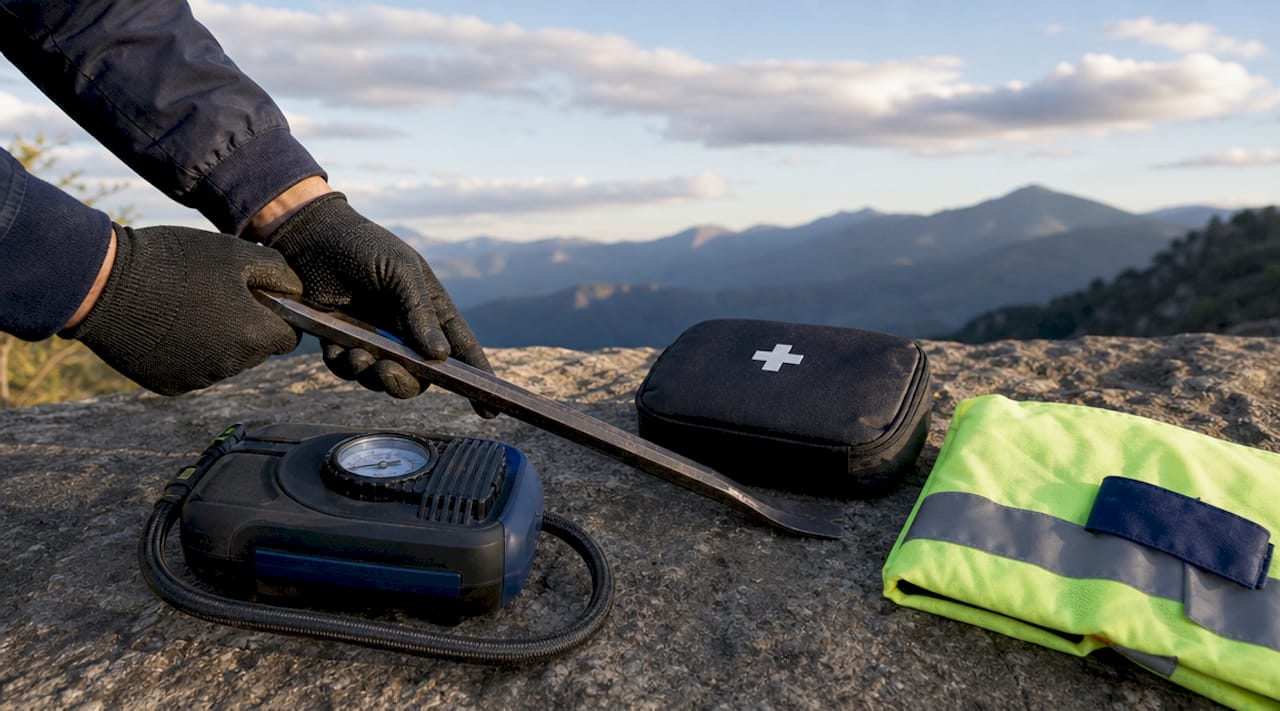 Close-up of roadside car repair tools laid out
