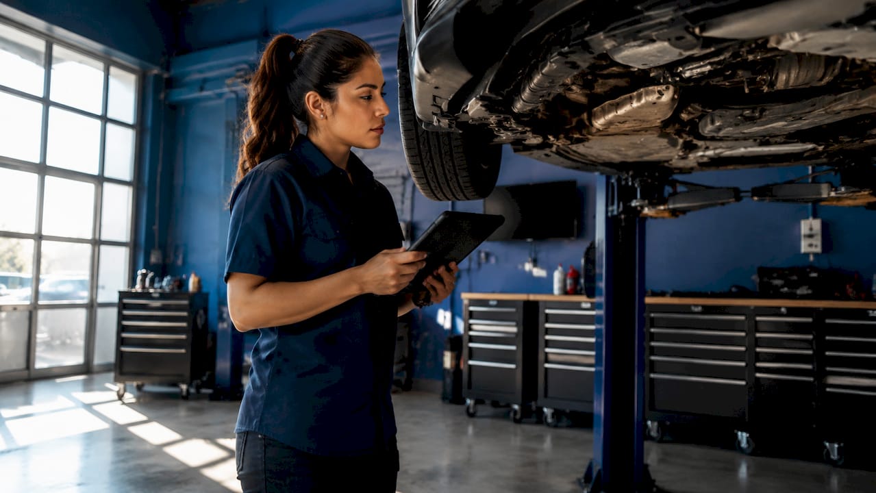 Female mechanic inspecting lifted car engine