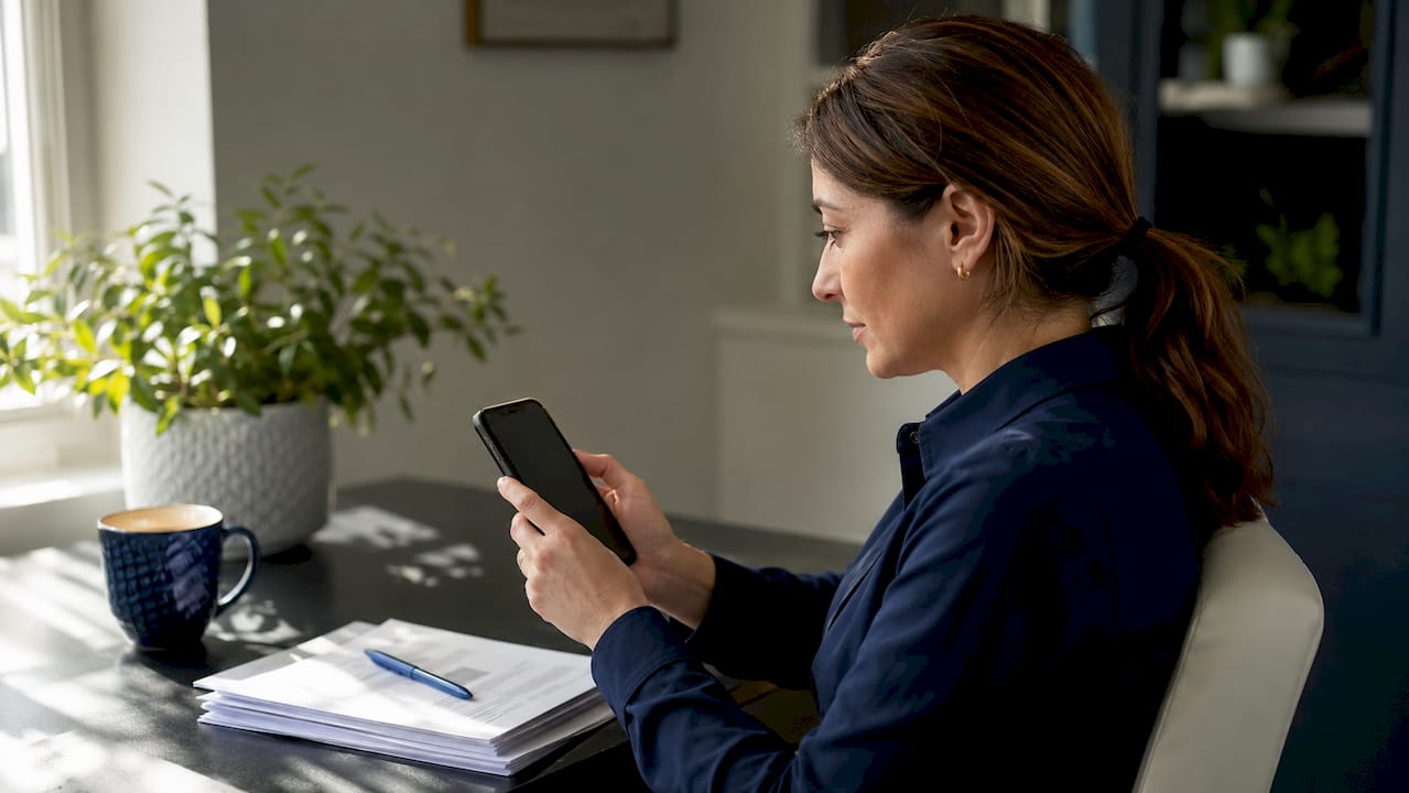 Hands holding phone and vehicle files on table