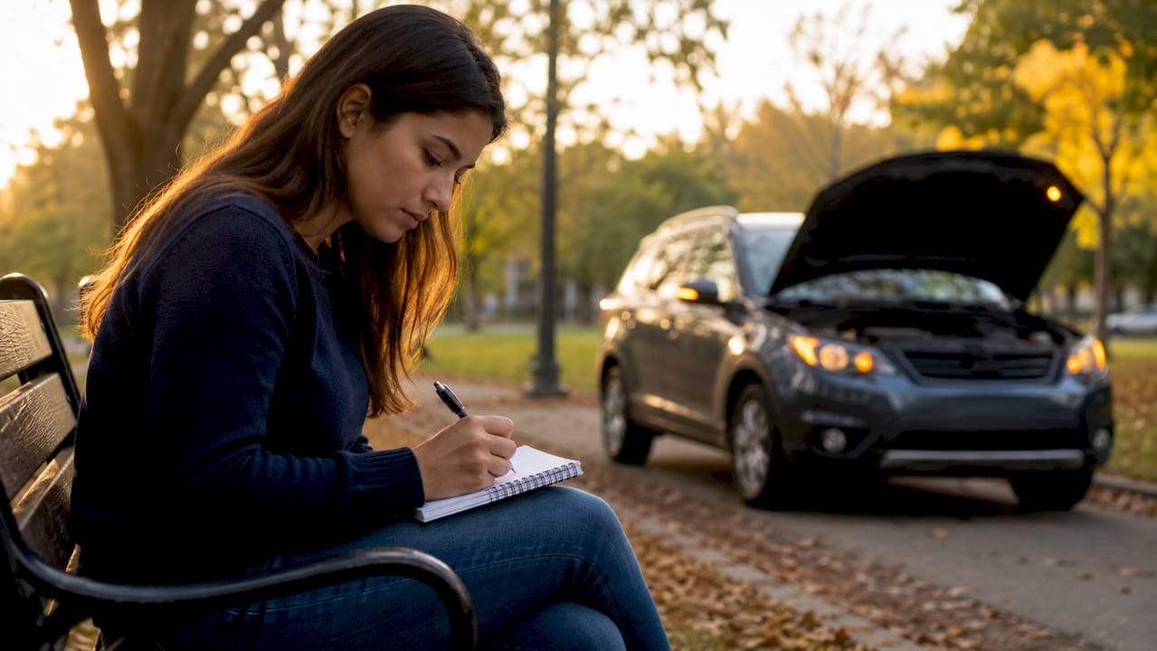 Car owner noting vehicle symptoms on notebook