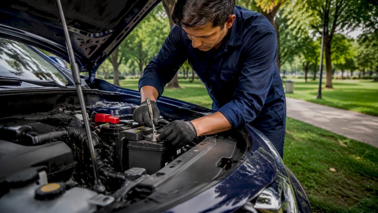 Hands replacing car battery at office site