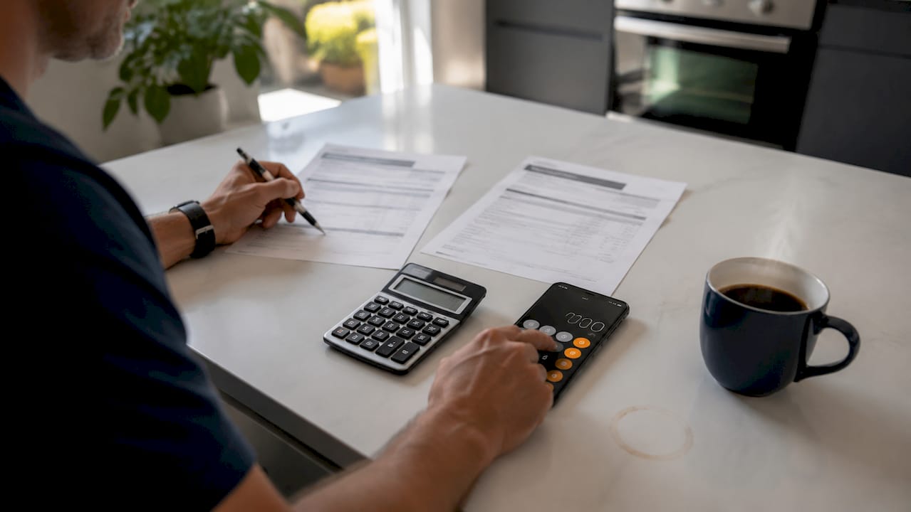 Hands comparing repair bills on table