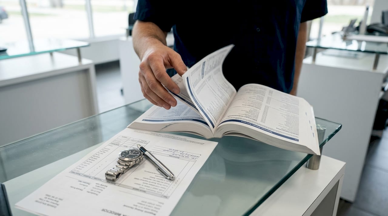 Hands checking pricing guide at auto repair desk