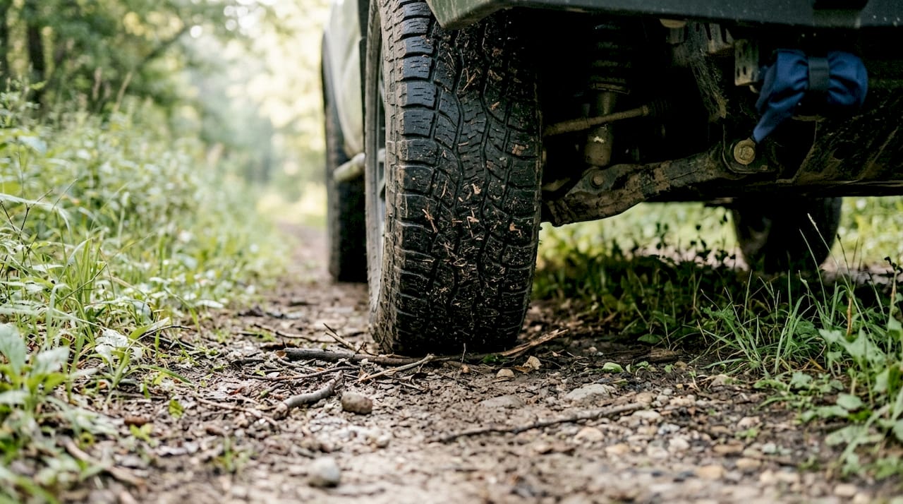 Close side view of car tire on rough asphalt