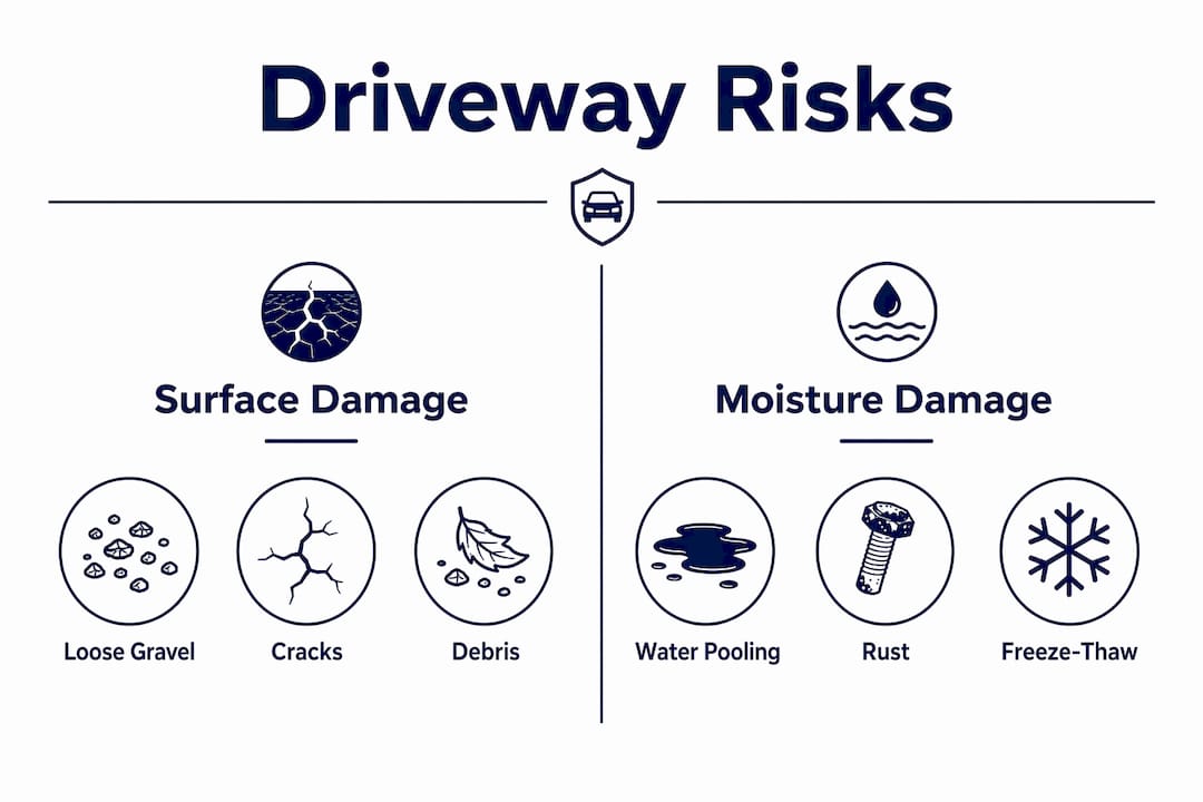 Infographic illustrating surface and moisture driveway risks