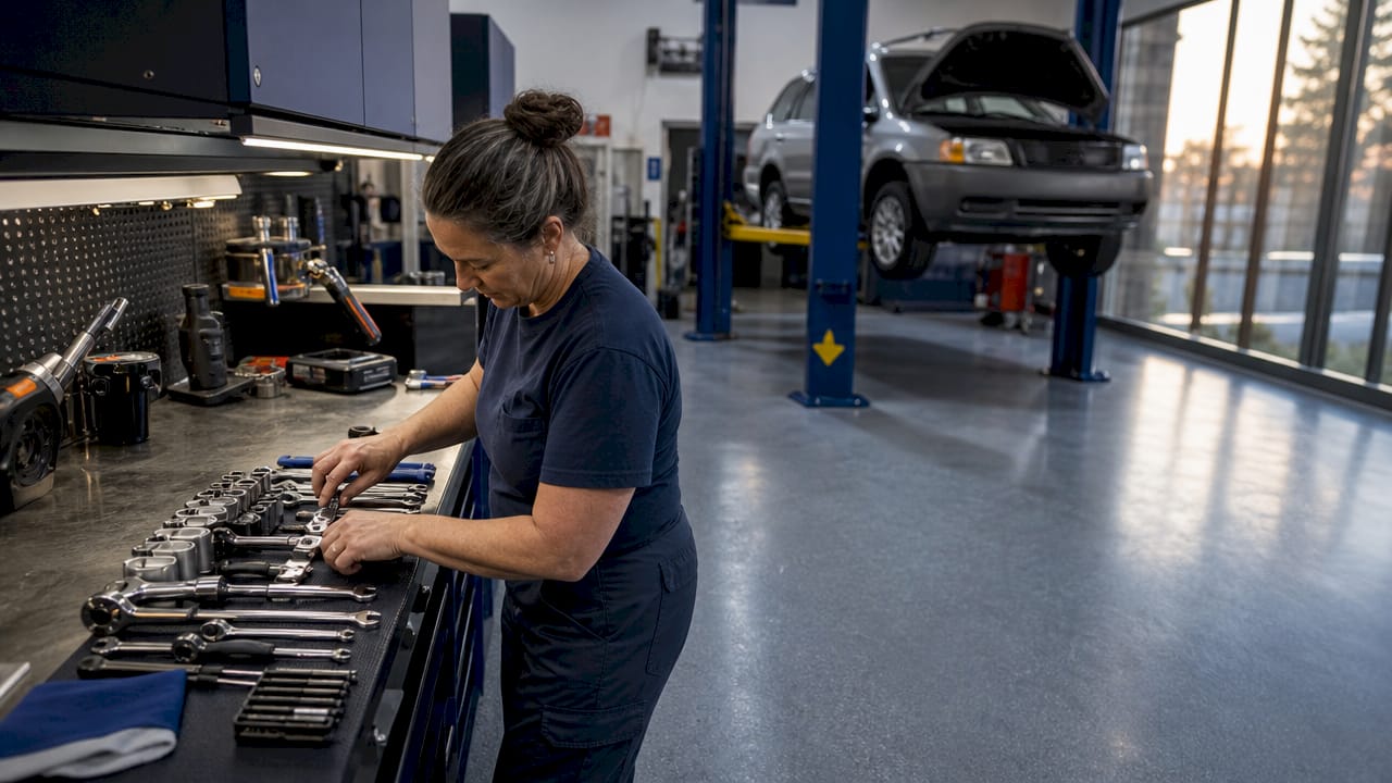 Mechanic working inside busy auto repair shop