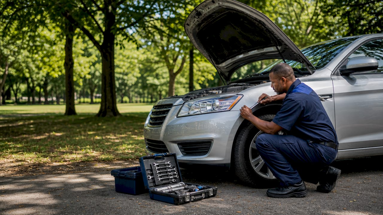 Mobile mechanic repairing vehicle outdoors