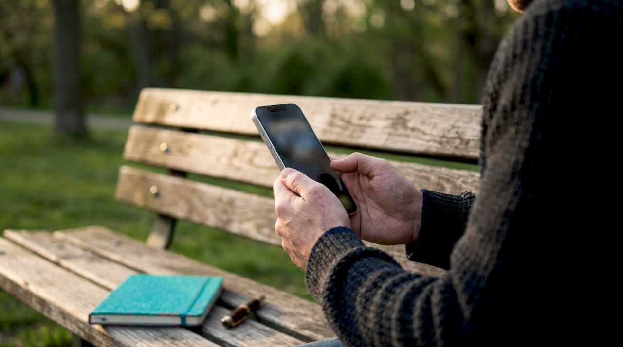 Hands scrolling star ratings on smartphone at café