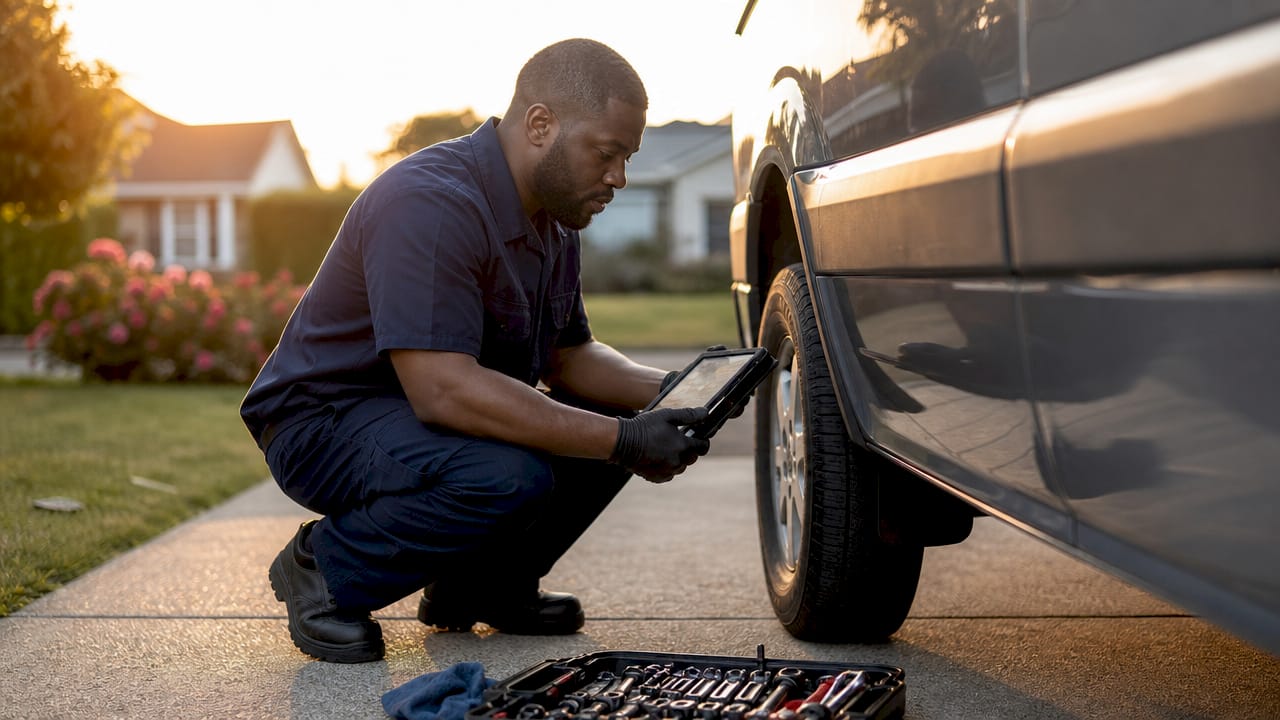 Mechanic using tablet for digital job card