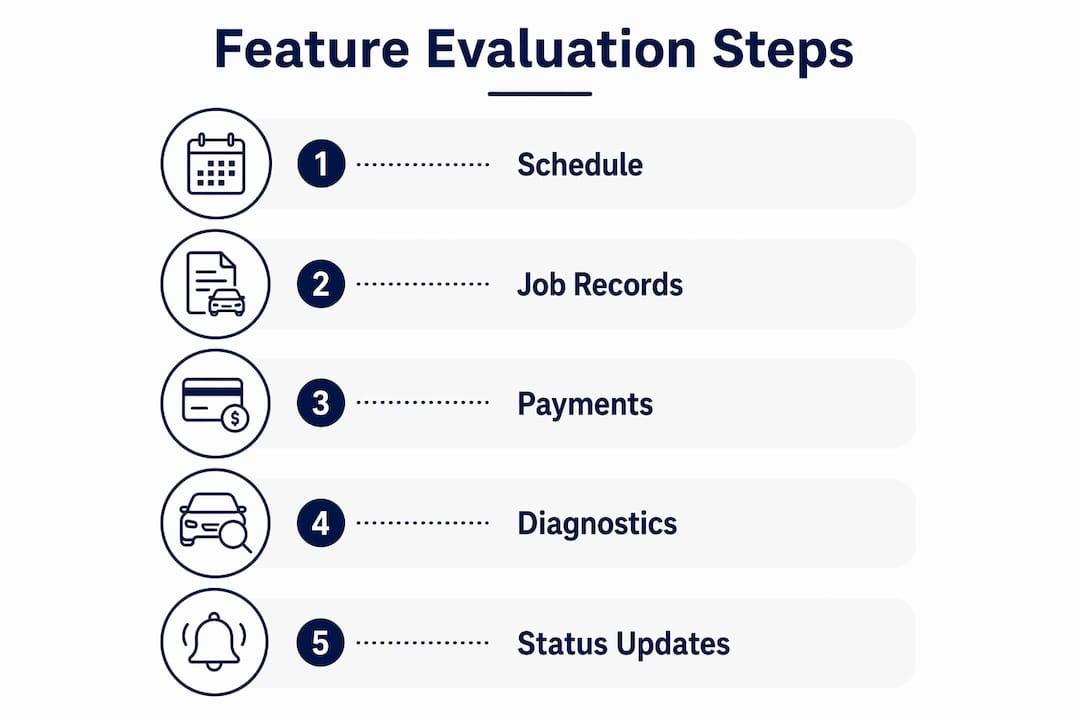 Infographic showing steps to evaluate mechanic app features