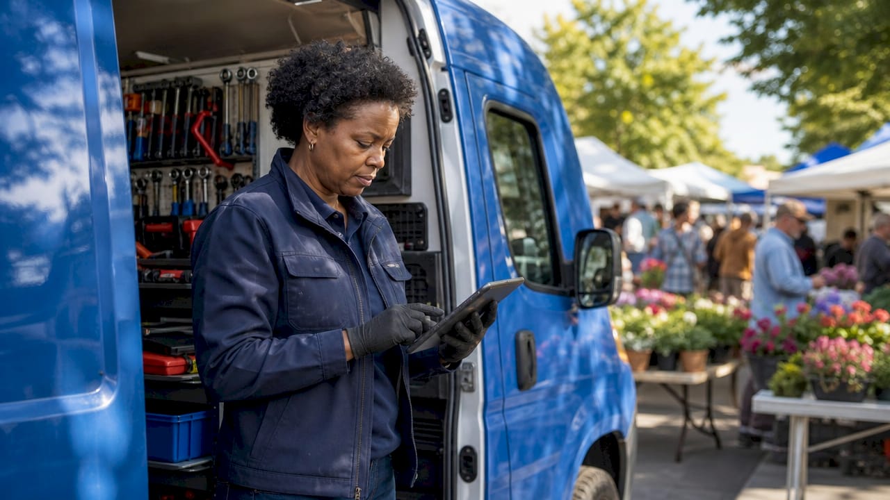 Mobile mechanic checking tools in service van