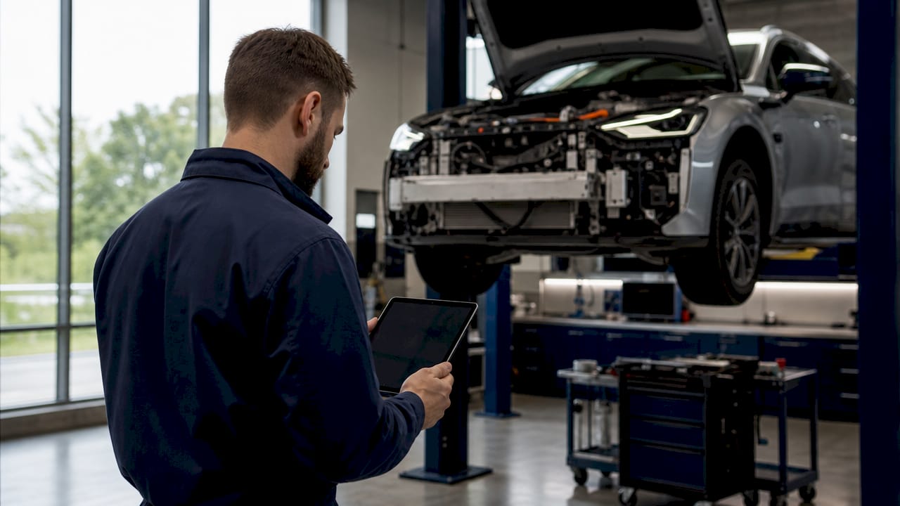 Mechanic using tablet for AI vehicle diagnostics