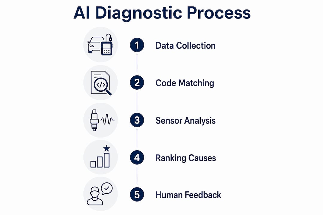 Infographic illustrating AI car diagnostic process steps