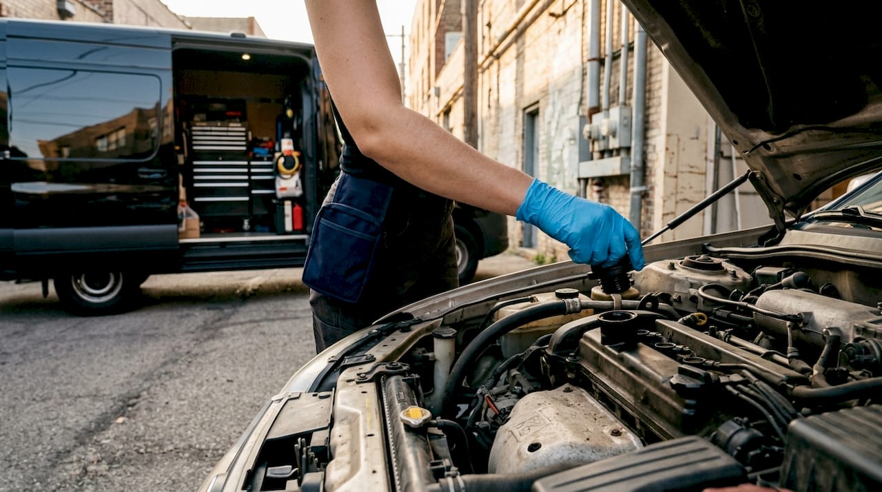 Hands performing curbside oil change repair