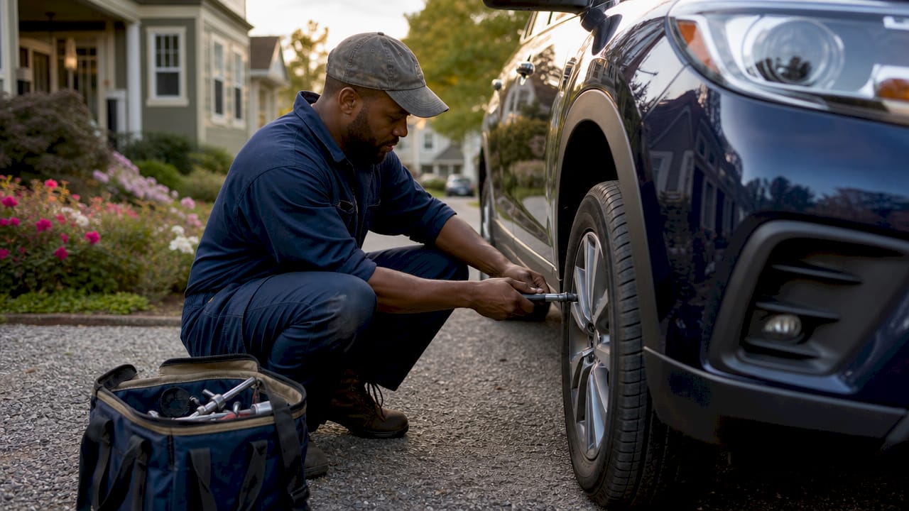 Mobile mechanic repairing car brakes outdoors